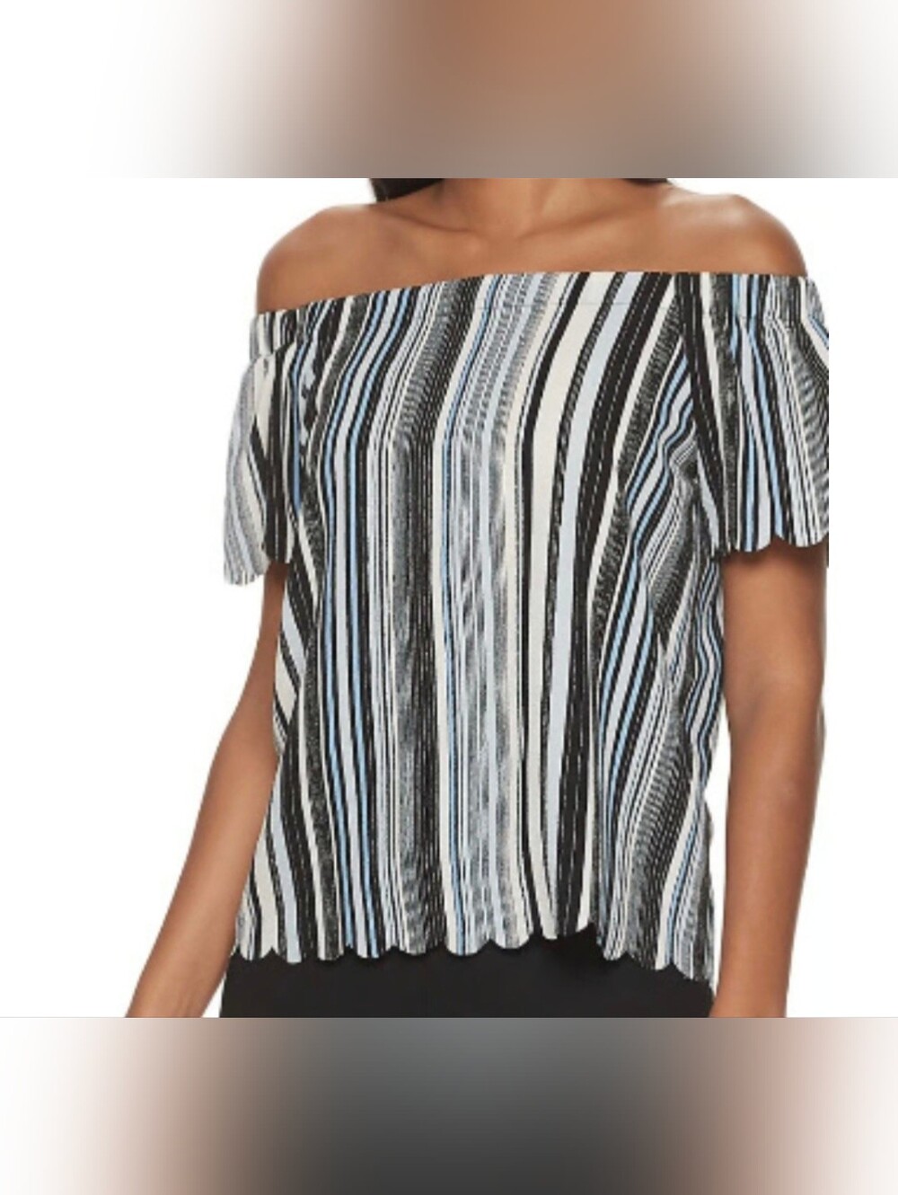 NWOT Elle Off-Shoulder Striped Blouse in Black, White & Light Blue